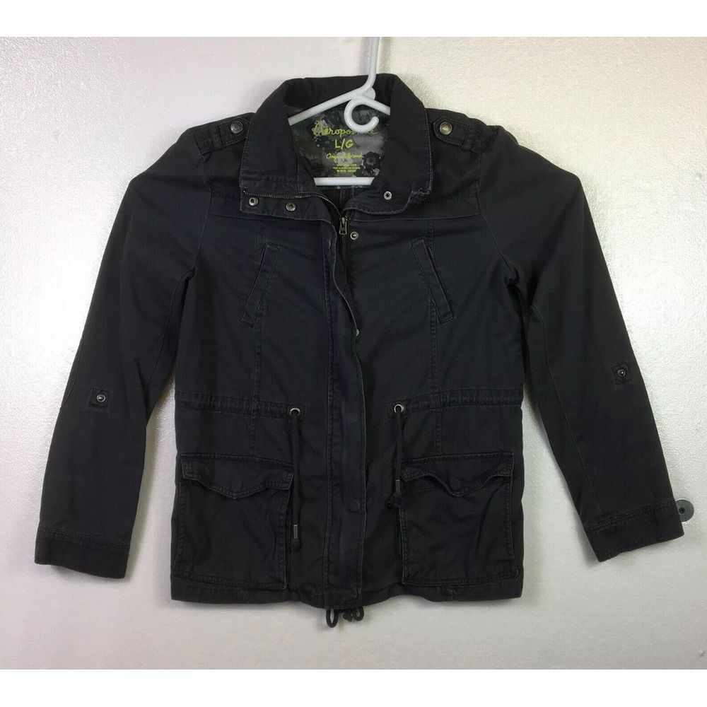 Aeropostale Womens Utility Jacket Size L Black Cotton‎ Cargo Pockets Zip Up